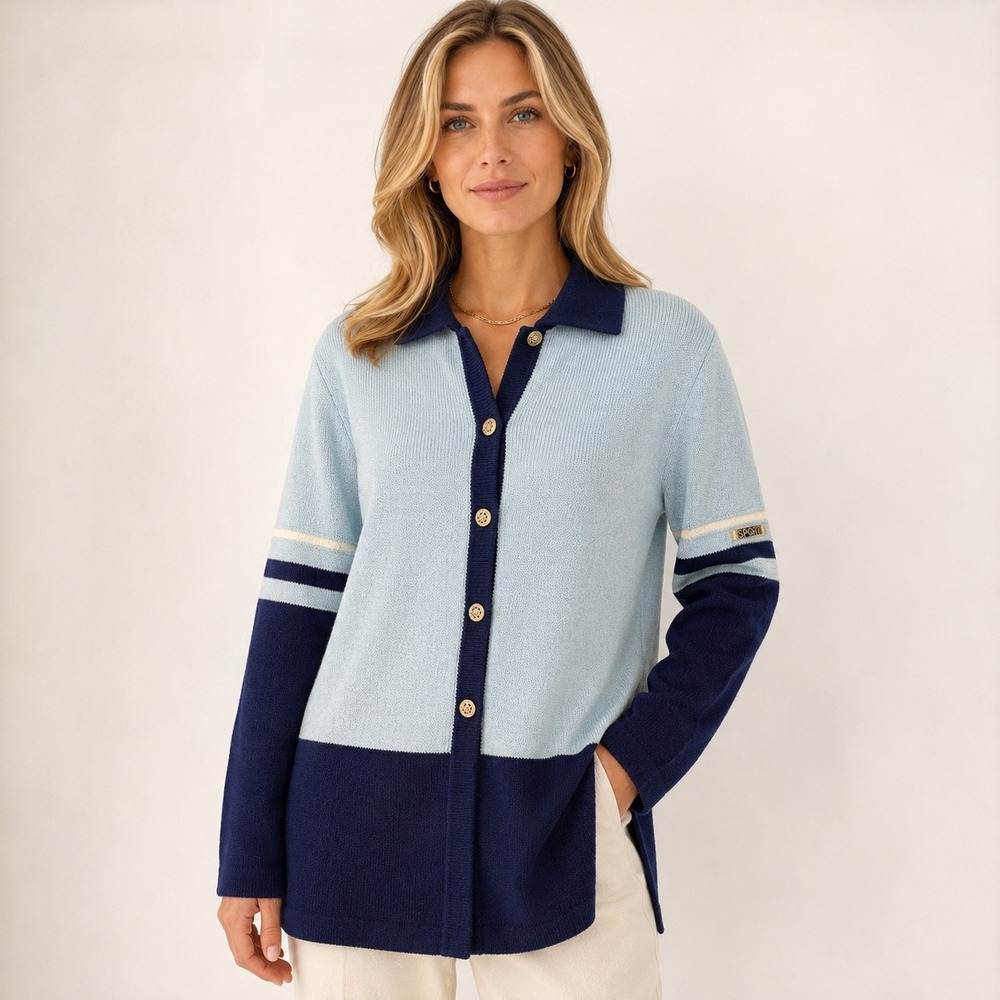 Vintage St John Sport Marie Gray Knit Cardigan Sweater Tunic Navy S USA Luxury